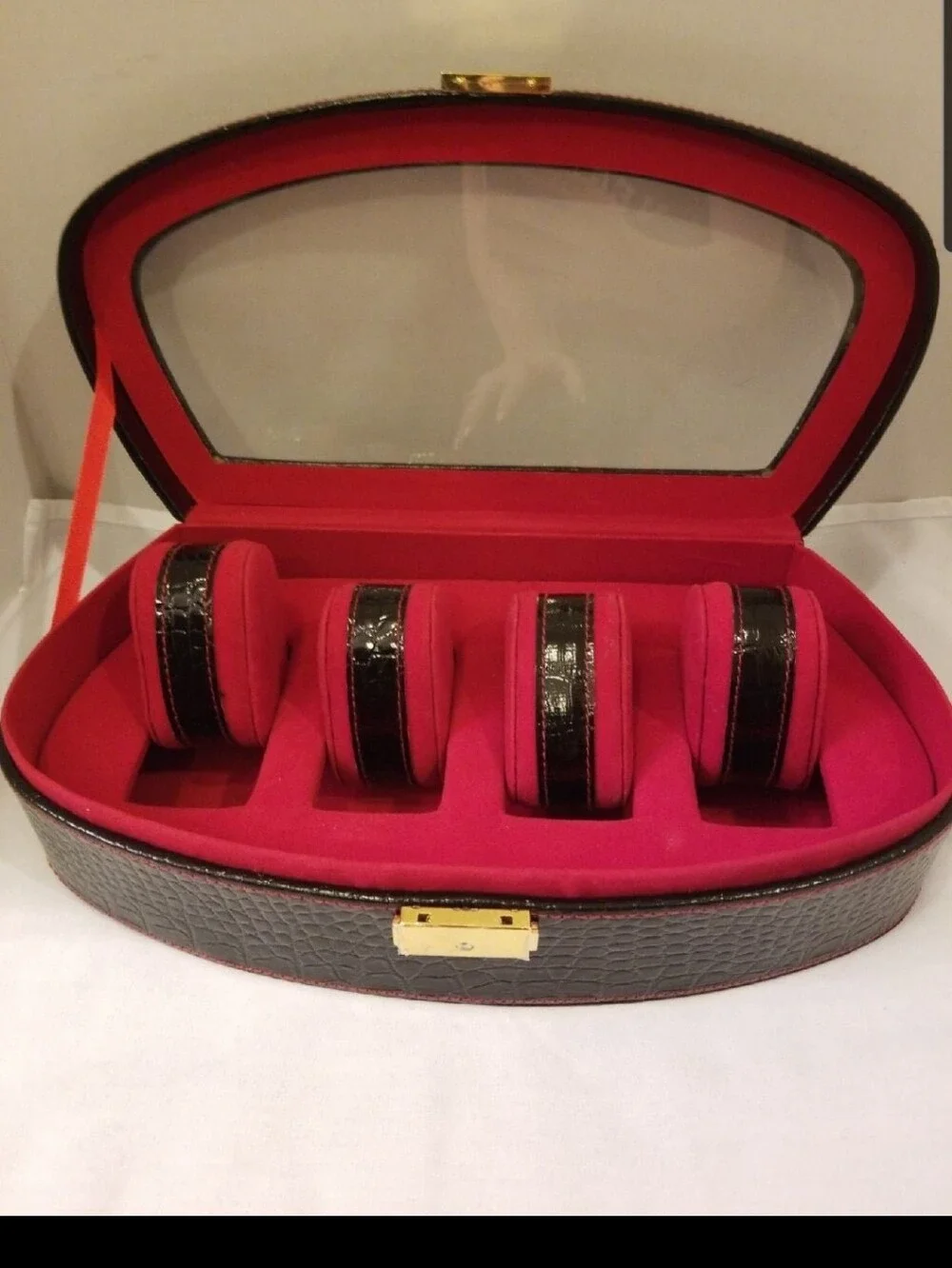 Black Croc-Effect Men's Watch Travel Case with Red Interior